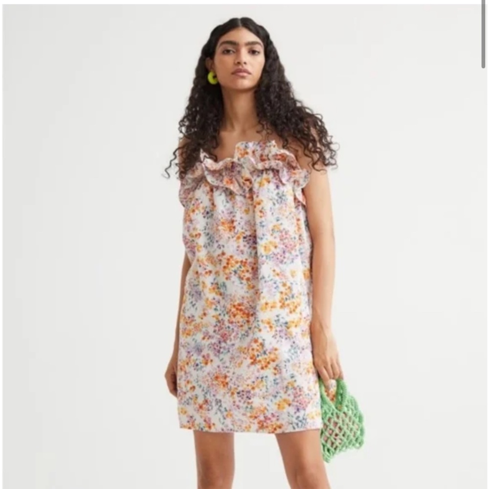H&M - Flounce Trimmed Linen Floral Print Dress - Size XL
